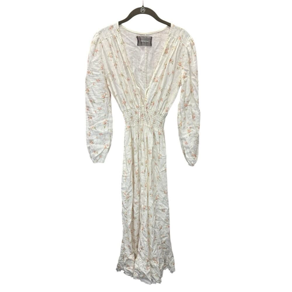 Reformation Linen Floral Maxi Dress Small Puff Sleeve Smocked Waist Cream Ivory - Picture 6 of 13